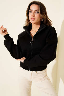 Etek Ucu Lastikli Üç İplik Kısa Hırka Siyah - Kadın Giyim Modelleri