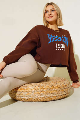 Etek Ucu Lastikli Üç İplik Sweatshirt Kahve - Kadın Giyim Modelleri