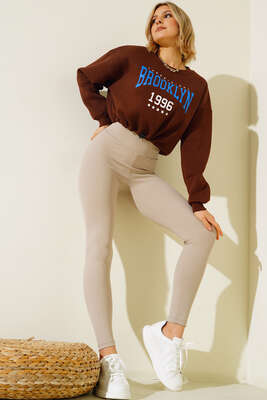 Etek Ucu Lastikli Üç İplik Sweatshirt Kahve - Kadın Giyim Modelleri
