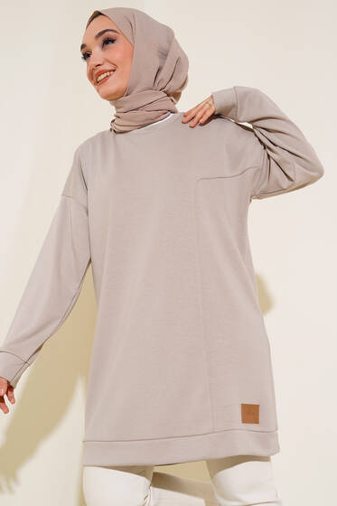 Etek Ucu Logolu Tunik Bej - Tunik