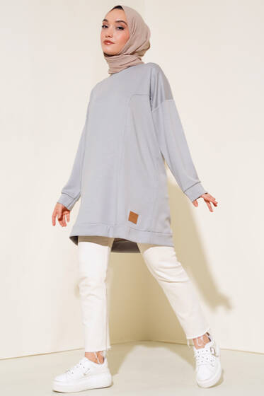 Etek Ucu Logolu Tunik Gri - Tunik