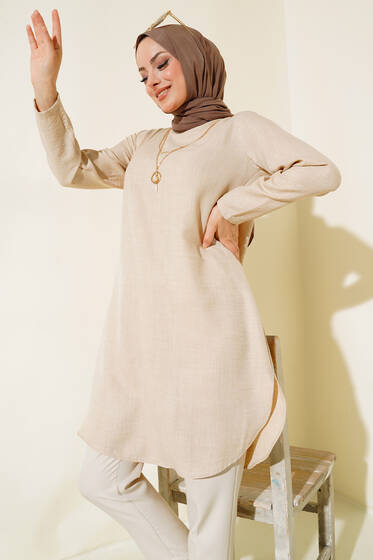 Etek Ucu Oval Kesim Tunik Bej - Tunik