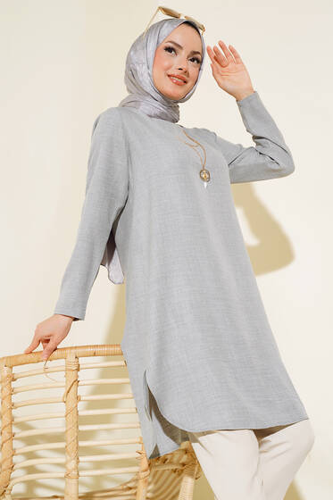 Etek Ucu Oval Kesim Tunik Gri - Tunik
