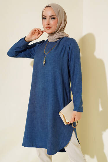 Etek Ucu Oval Kesim Tunik İndigo - Tunik
