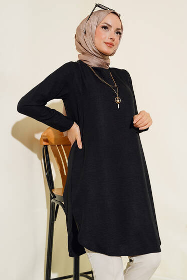 Etek Ucu Oval Kesim Tunik Siyah - Tunik