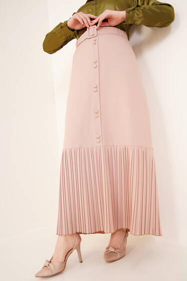 Etek Ucu Piliseli Düğmeli Camel Etek - Uzun Etek