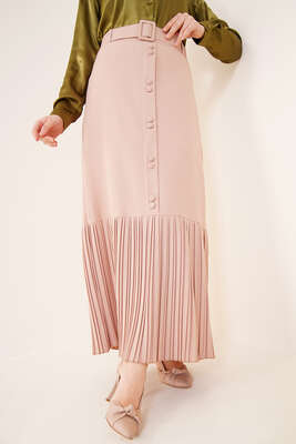 Etek Ucu Piliseli Düğmeli Camel Etek - Uzun Etek