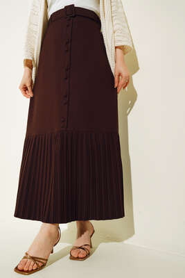 Etek Ucu Piliseli Düğmeli Kahve Etek 