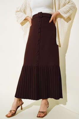 Etek Ucu Piliseli Düğmeli Kahve Etek - Uzun Etek