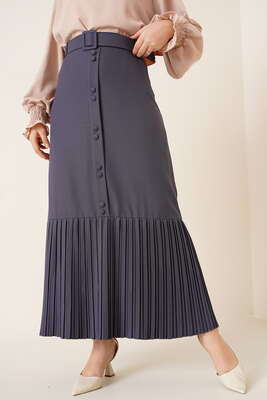 Etek Ucu Piliseli Düğmeli Kayrak Grisi Etek - Uzun Etek