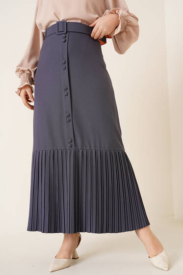 Etek Ucu Piliseli Düğmeli Kayrak Grisi Etek - Uzun Etek