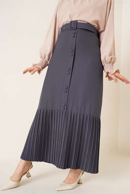 Etek Ucu Piliseli Düğmeli Kayrak Grisi Etek - Uzun Etek