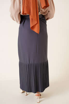 Etek Ucu Piliseli Düğmeli Kayrak Grisi Etek - Uzun Etek