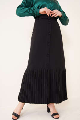 Etek Ucu Piliseli Düğmeli Siyah Etek 