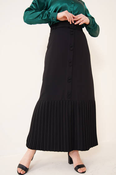 Etek Ucu Piliseli Düğmeli Siyah Etek - Uzun Etek