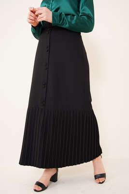 Etek Ucu Piliseli Düğmeli Siyah Etek - Uzun Etek