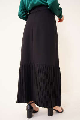 Etek Ucu Piliseli Düğmeli Siyah Etek - Uzun Etek