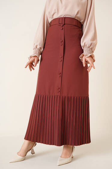 Etek Ucu Piliseli Düğmeli Taba Etek - Uzun Etek