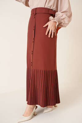 Etek Ucu Piliseli Düğmeli Taba Etek - Uzun Etek