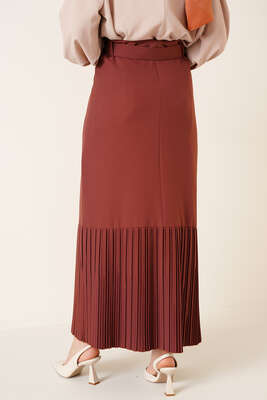 Etek Ucu Piliseli Düğmeli Taba Etek - Uzun Etek