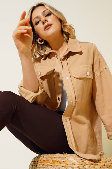 Etek Ucu Püskül Detaylı Kot Ceket Taba - Kadın Giyim Modelleri