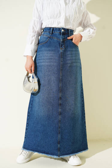 Etek Ucu Püsküllü Jean Etek Kot - Etek