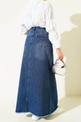 Etek Ucu Püsküllü Jean Etek Kot - Etek