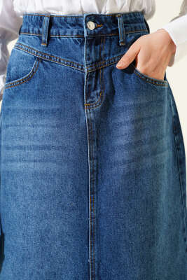 Etek Ucu Püsküllü Jean Etek Kot - Etek