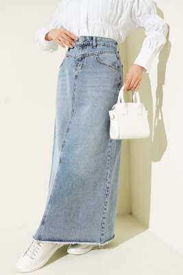 Etek Ucu Püsküllü Jean Etek Kot Mavisi - LUSTRİN