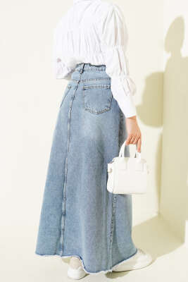 Etek Ucu Püsküllü Jean Etek Kot Mavisi - Etek