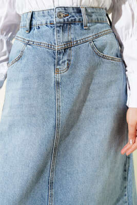 Etek Ucu Püsküllü Jean Etek Kot Mavisi - Etek