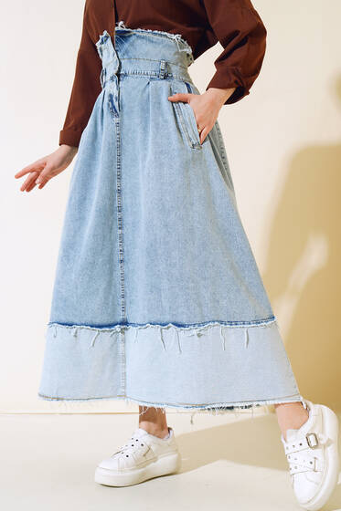 Etek Ucu Püsküllü Kot Etek Buz Mavi - Etek