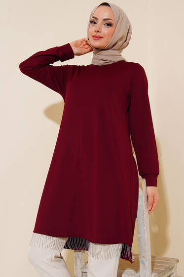 Etek Ucu Püsküllü Tunik Bordo - Tunik