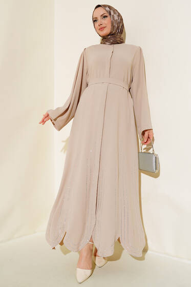 Etek Ucu Taşlı Kuşaklı Ferace Bej - Ferace