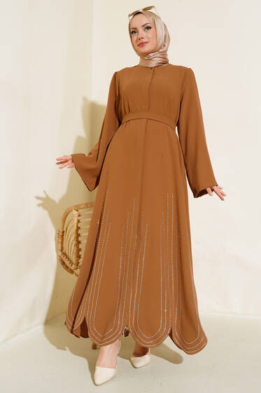 Etek Ucu Taşlı Kuşaklı Ferace Camel - Ferace