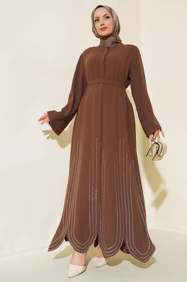 Etek Ucu Taşlı Kuşaklı Ferace Kahve - Ferace