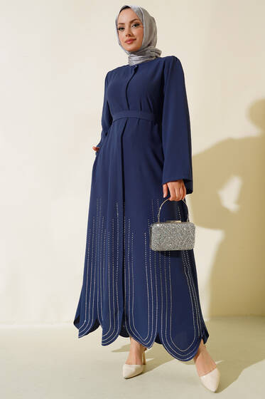 Etek Ucu Taşlı Kuşaklı Ferace Lacivert - Ferace