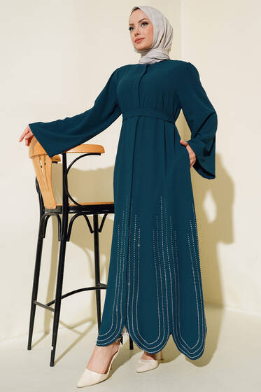 Etek Ucu Taşlı Kuşaklı Ferace Zümrüt - Ferace