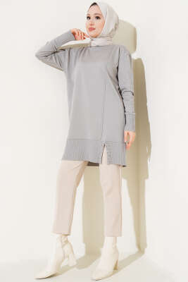Etek Ucu Taşlı Triko Tunik Gri - Triko Tunik