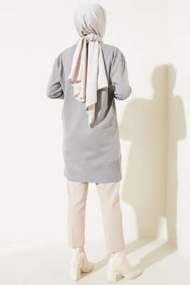 Etek Ucu Taşlı Triko Tunik Gri - Triko Tunik