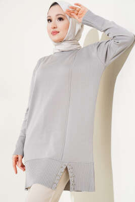 Etek Ucu Taşlı Triko Tunik Gri 