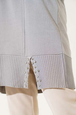 Etek Ucu Taşlı Triko Tunik Gri - Triko Tunik