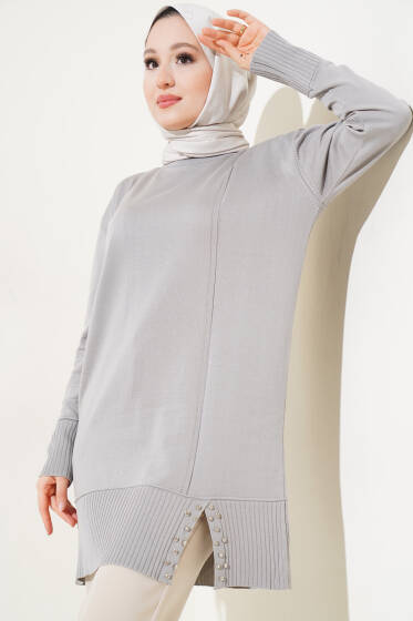 Etek Ucu Taşlı Triko Tunik Gri - Tunik
