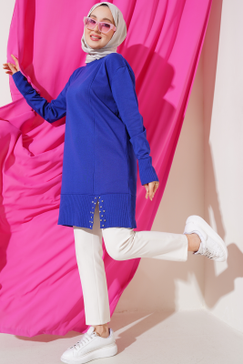 Etek Ucu Taşlı Triko Tunik Saks - Triko Tunik