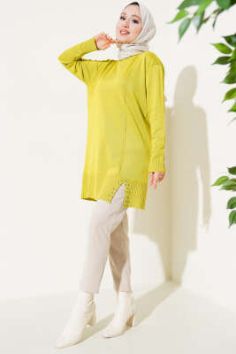 Etek Ucu Taşlı Triko Tunik Yağ Yeşili - Triko Tunik