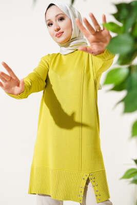 Etek Ucu Taşlı Triko Tunik Yağ Yeşili 