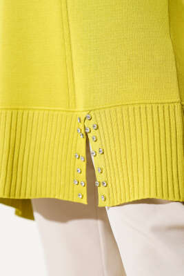 Etek Ucu Taşlı Triko Tunik Yağ Yeşili - Triko Tunik