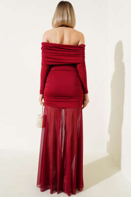 Etek Ucu Tül Büzgülü Kayık Yaka Elbise Bordo - Kadın Giyim Modelleri