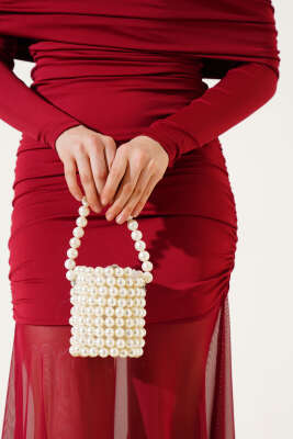 Etek Ucu Tül Büzgülü Kayık Yaka Elbise Bordo - Kadın Giyim Modelleri