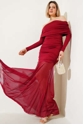 Etek Ucu Tül Büzgülü Kayık Yaka Elbise Bordo